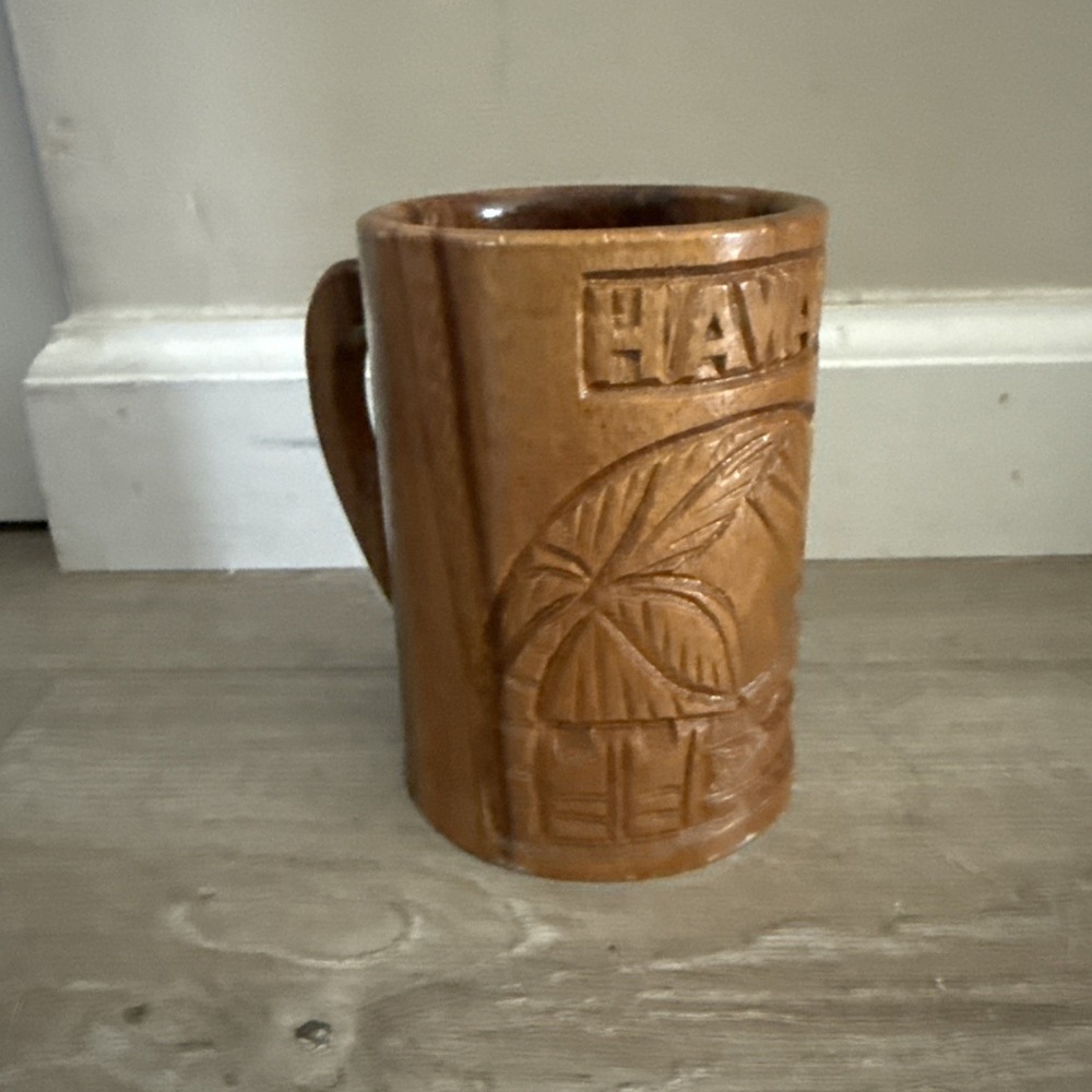 Hawaiian Mug TEAK Wooden Hand Carved Mug Cup Hawaii 5" Vintage Palm Trees